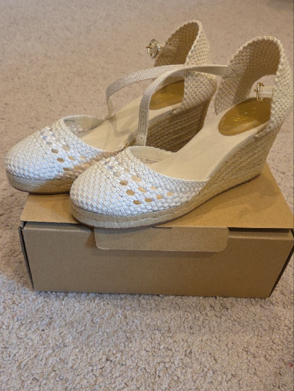 J. Crew Cream Woven Espadrille Wedge Sandals with Ankle Strap and Gold Buckle